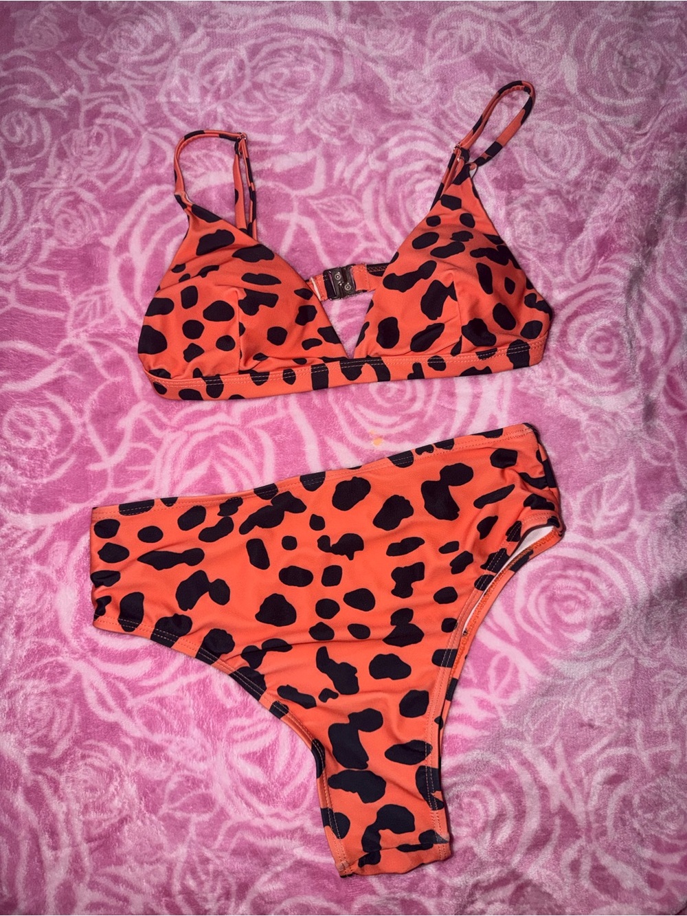 Orange & Black Leopard Print High-Waist Bikini Set small no brand